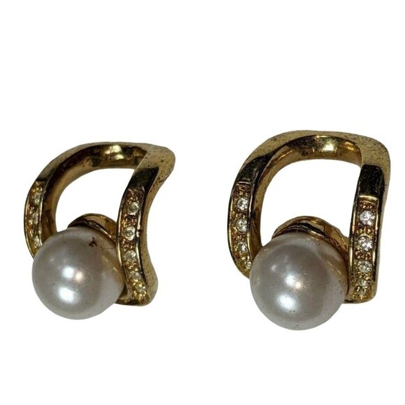 Vintage Gold-Tone Faux Pearl & Rhinestone Earrings A318 - Picture 3 of 6